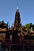 Old Bagan Myanmar. The Nat Taung monastery complex. The intricate design of the tiered tent-like roof system. 